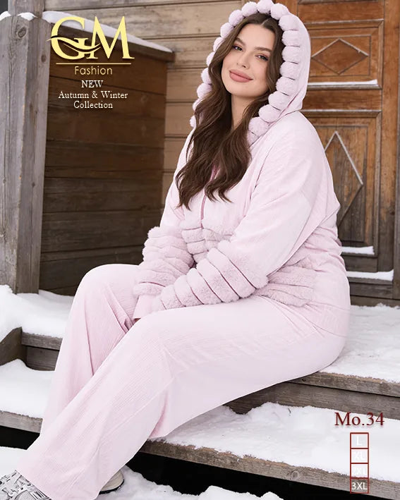طقم حريمي شتوي قطعتين قطيفة بفرو  – GM Fashion موديل 34