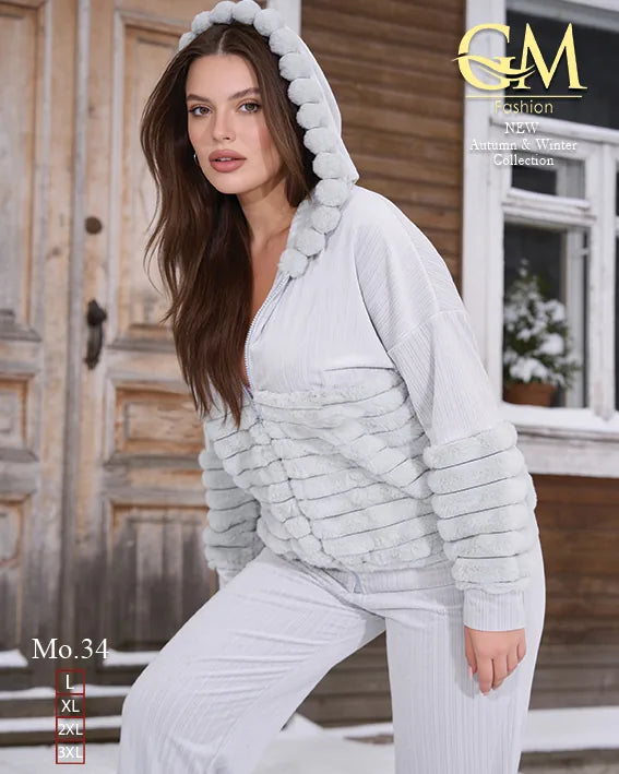 طقم حريمي شتوي قطعتين قطيفة بفرو  – GM Fashion موديل 34