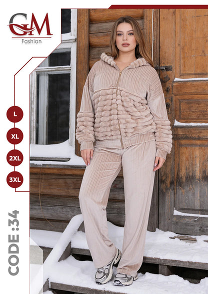 طقم حريمي شتوي قطعتين قطيفة بفرو  – GM Fashion موديل 34