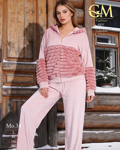 طقم حريمي شتوي قطعتين قطيفة بفرو  – GM Fashion موديل 34
