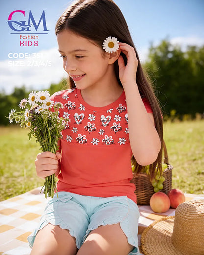 طقم بناتي صيفي قطن تيشيرت + شورت بكشكشة ناعم | GM Kids كود 351