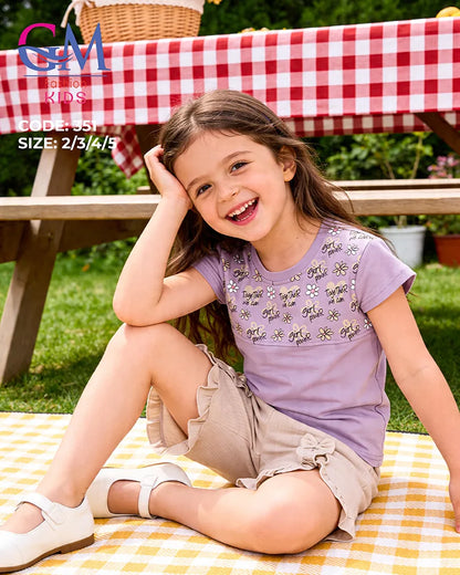 طقم بناتي صيفي قطن تيشيرت + شورت بكشكشة ناعم | GM Kids كود 351