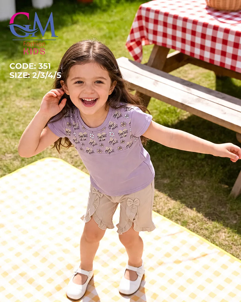 طقم بناتي صيفي قطن تيشيرت + شورت بكشكشة ناعم | GM Kids كود 351