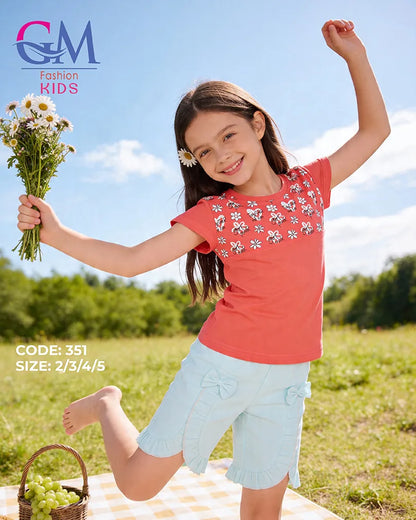 طقم بناتي صيفي قطن تيشيرت + شورت بكشكشة ناعم | GM Kids كود 351