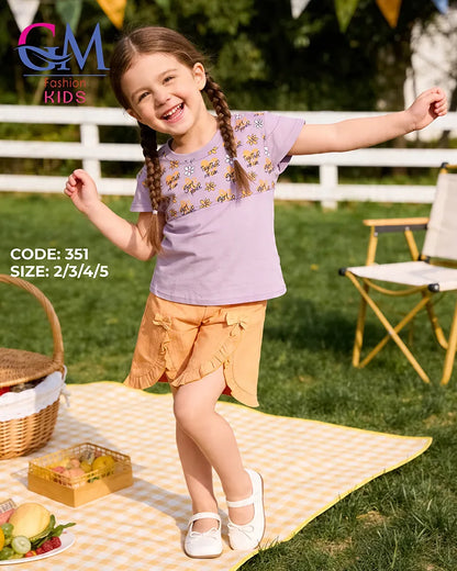 طقم بناتي صيفي قطن تيشيرت + شورت بكشكشة ناعم | GM Kids كود 351