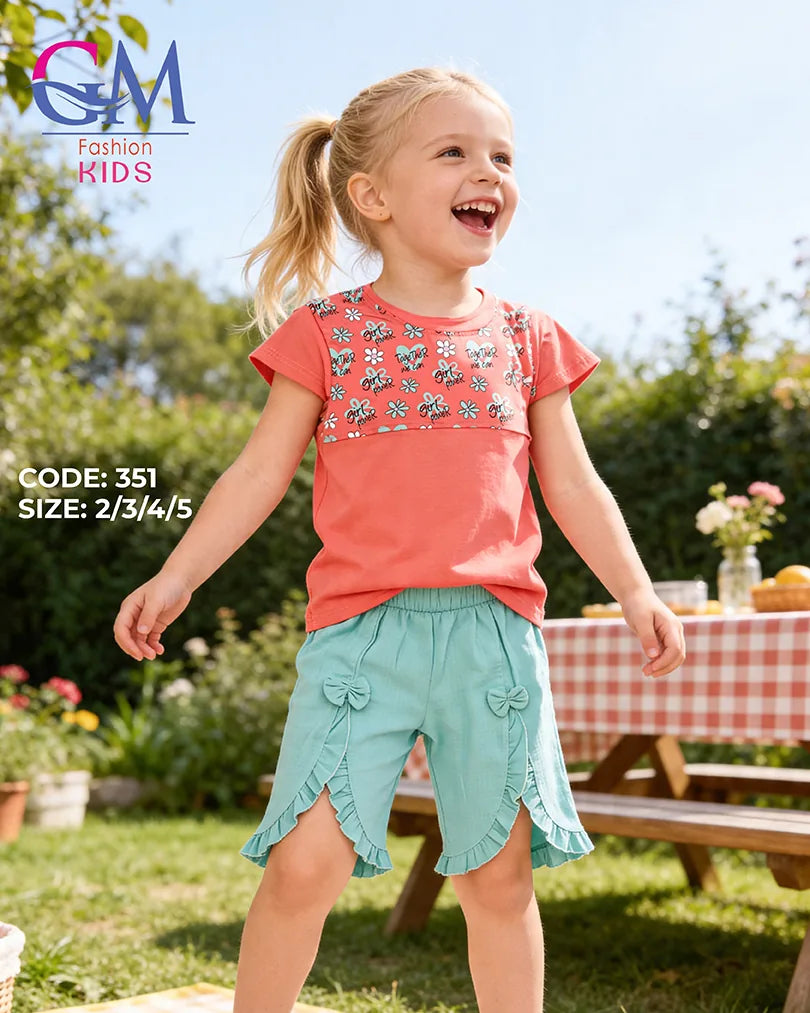 طقم بناتي صيفي قطن تيشيرت + شورت بكشكشة ناعم | GM Kids كود 351