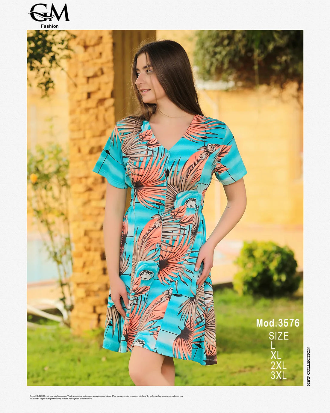 فستان قصير بطبعة ورود استوائية – GM Fashion صيفي 3576