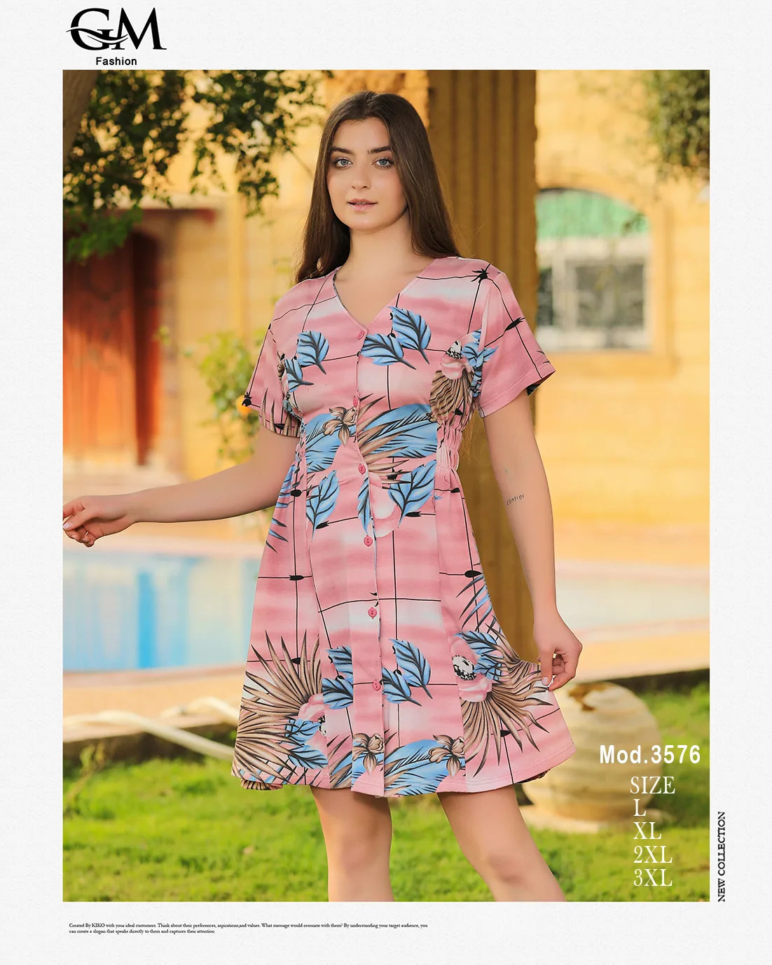 فستان قصير بطبعة ورود استوائية – GM Fashion صيفي 3576