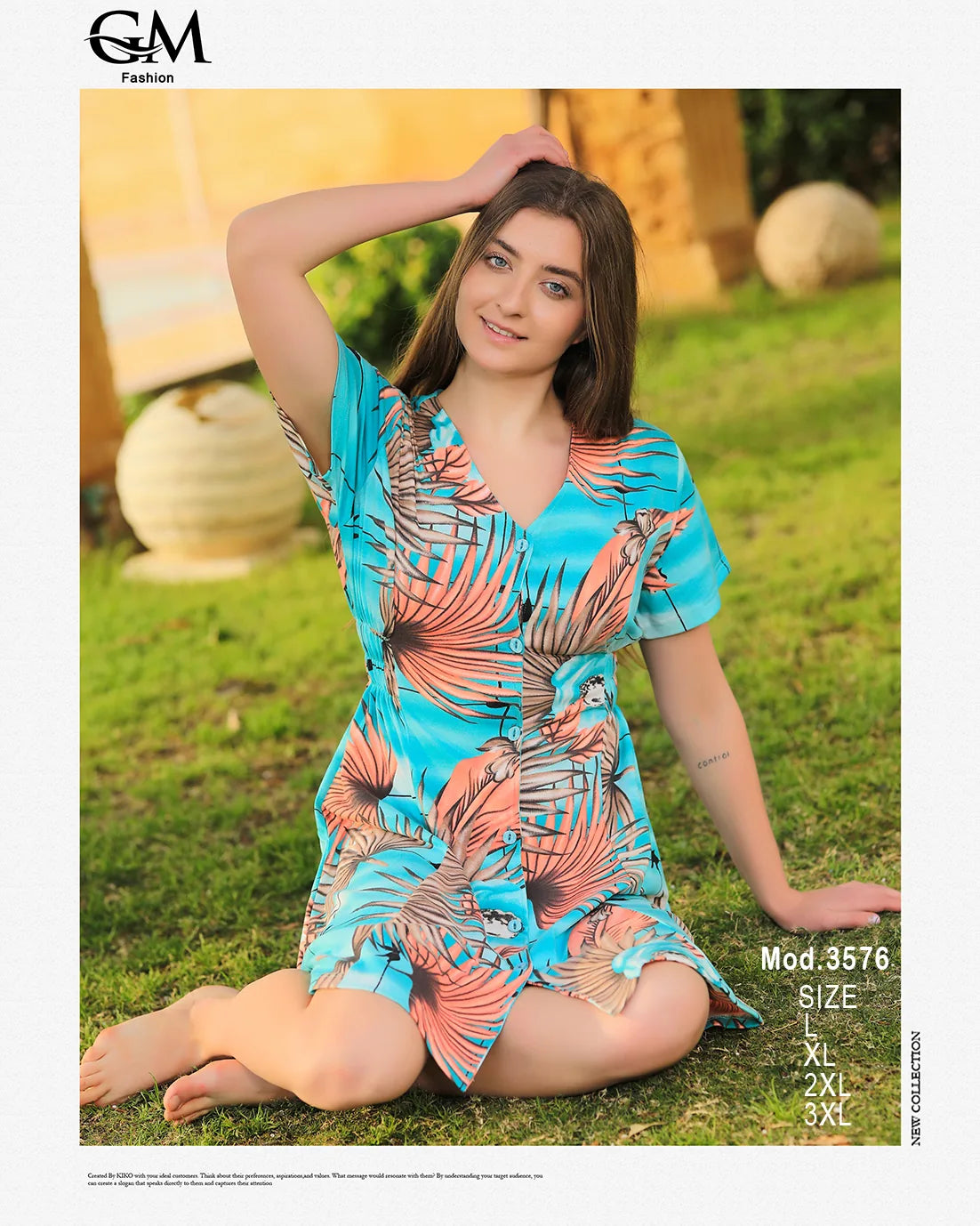 فستان قصير بطبعة ورود استوائية – GM Fashion صيفي 3576