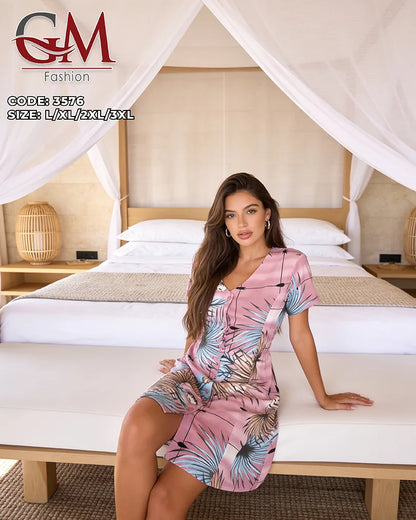 فستان صيفي قصير بطبعة زهور | GM Fashion موديل 3576 (L–3XL)