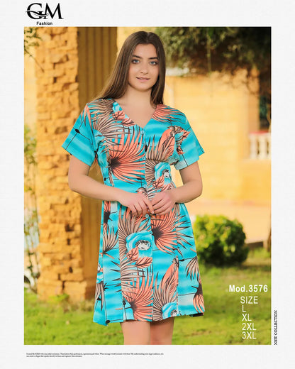 فستان قصير بطبعة ورود استوائية – GM Fashion صيفي 3576