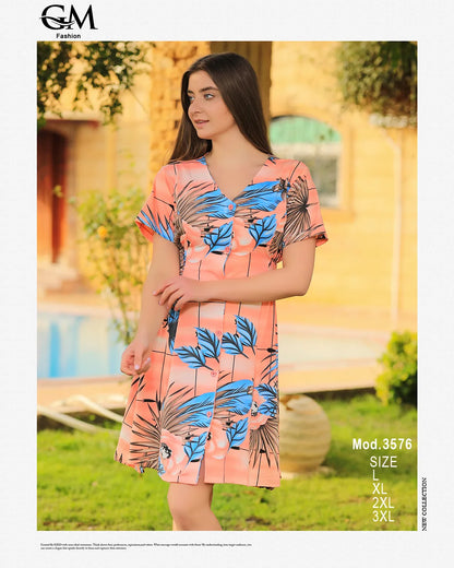 فستان قصير بطبعة ورود استوائية – GM Fashion صيفي 3576