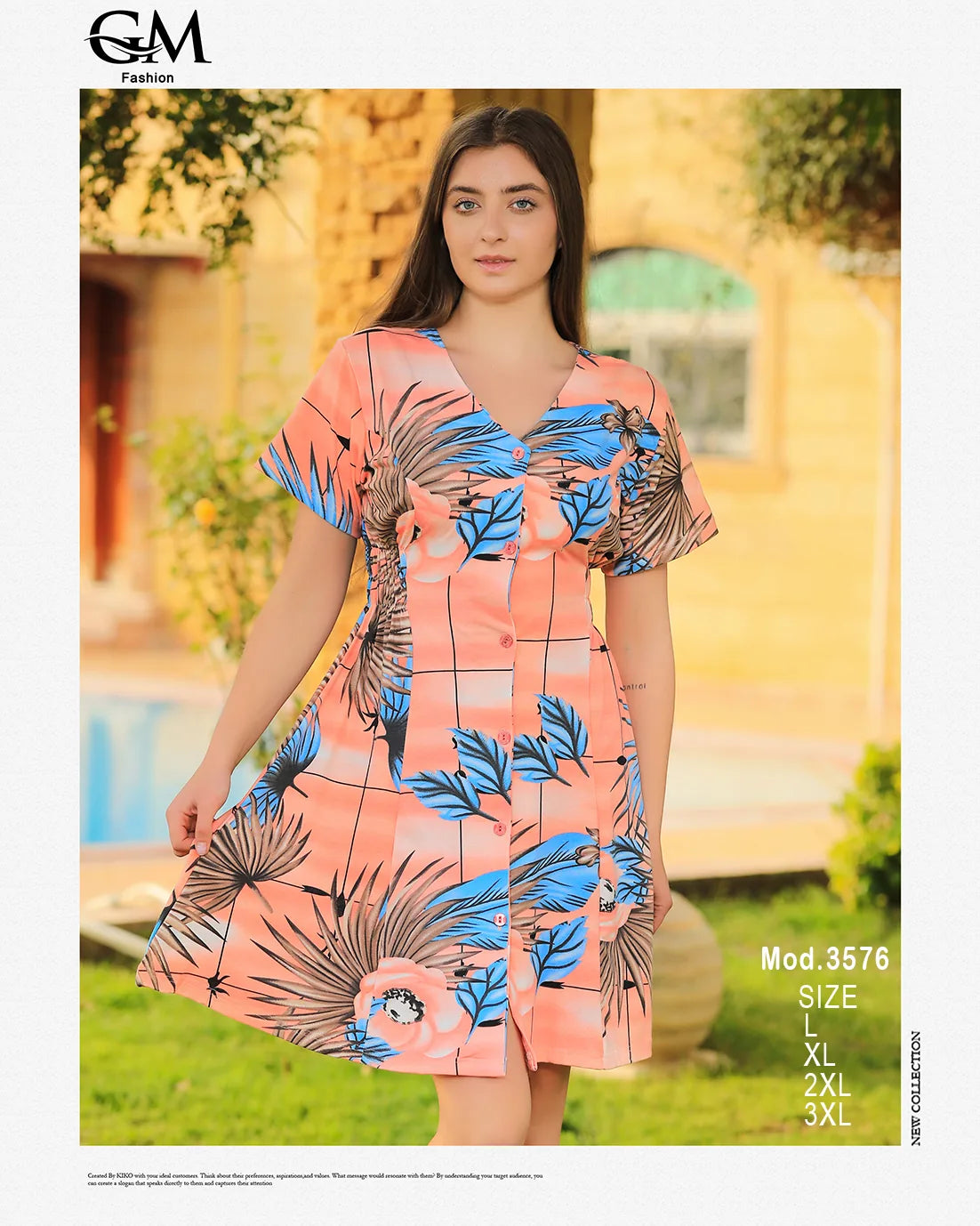 فستان قصير بطبعة ورود استوائية – GM Fashion صيفي 3576