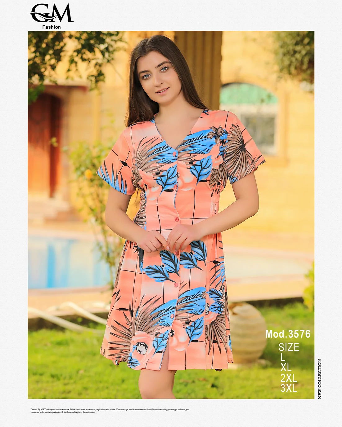 فستان قصير بطبعة ورود استوائية – GM Fashion صيفي 3576