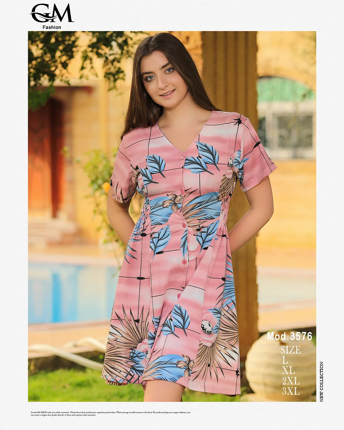 فستان قصير بطبعة ورود استوائية – GM Fashion صيفي 3576
