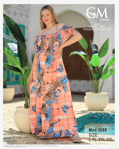 فستان حريمي صيفي أوف شولدر مشجر – موديل 3588 | GM Fashion