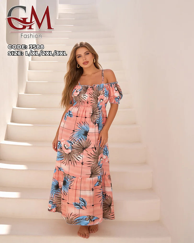 فستان حريمي صيفي أوف شولدر مشجر – موديل 3588 | GM Fashion