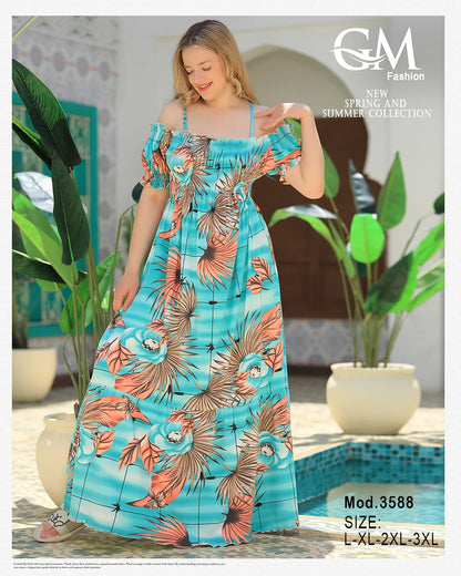 فستان حريمي صيفي أوف شولدر مشجر – موديل 3588 | GM Fashion
