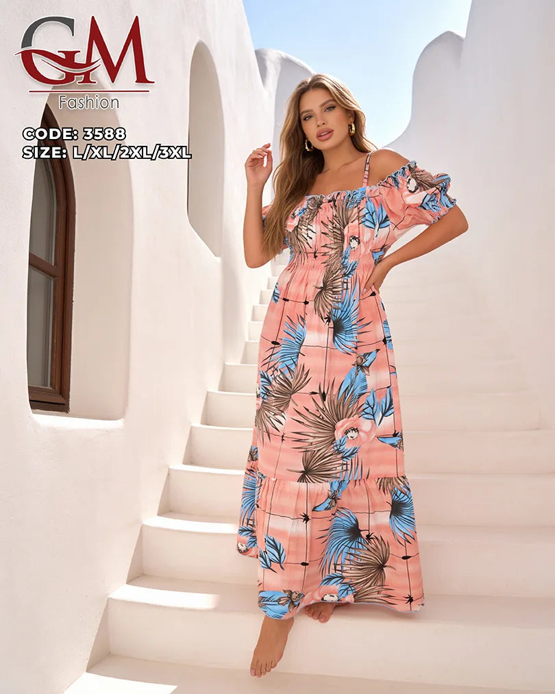 فستان حريمي صيفي أوف شولدر مشجر – موديل 3588 | GM Fashion