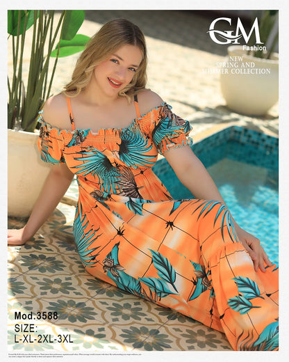 فستان حريمي صيفي أوف شولدر مشجر – موديل 3588 | GM Fashion