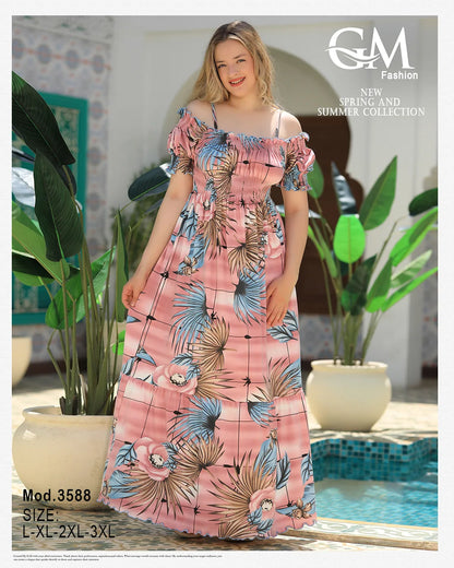 فستان حريمي صيفي أوف شولدر مشجر – موديل 3588 | GM Fashion