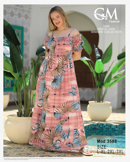 فستان حريمي صيفي أوف شولدر مشجر – موديل 3588 | GM Fashion