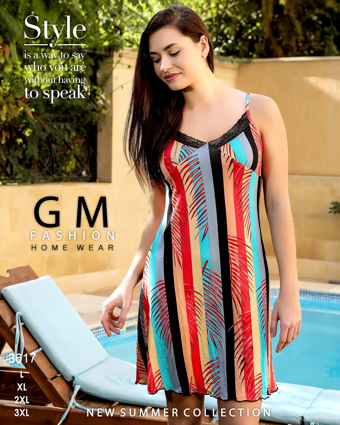 Woman wearing a colorful dress by GM Fashion with poolside background