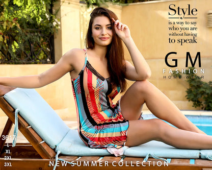 Woman in a colorful swimsuit sitting on a lounge chair by a pool, with 'GM Fashion Home Wear' branding.