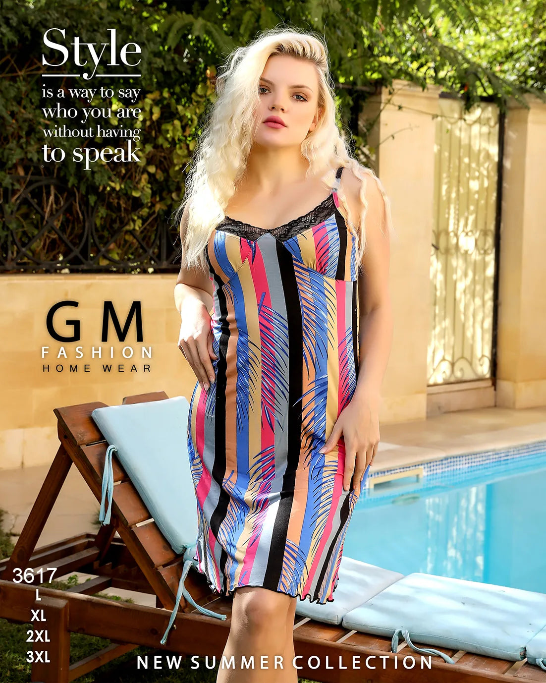 Woman in a colorful dress by a pool with 'GM Fashion' branding.
