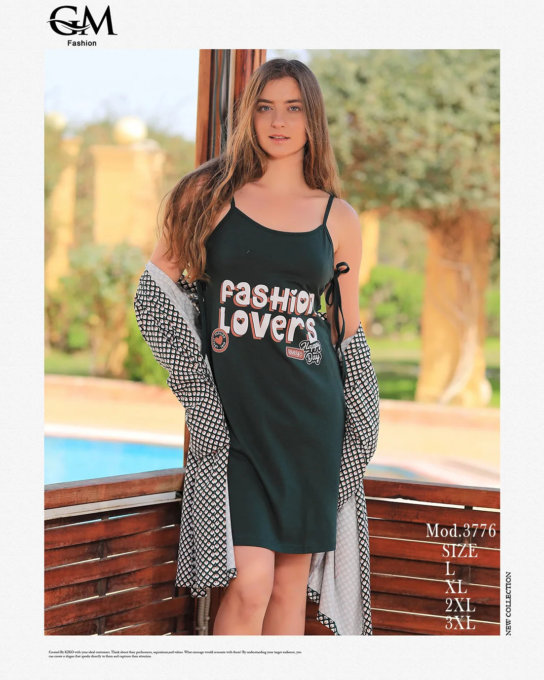 Woman wearing a black dress with 'Fashion Lovers' text by a poolside.