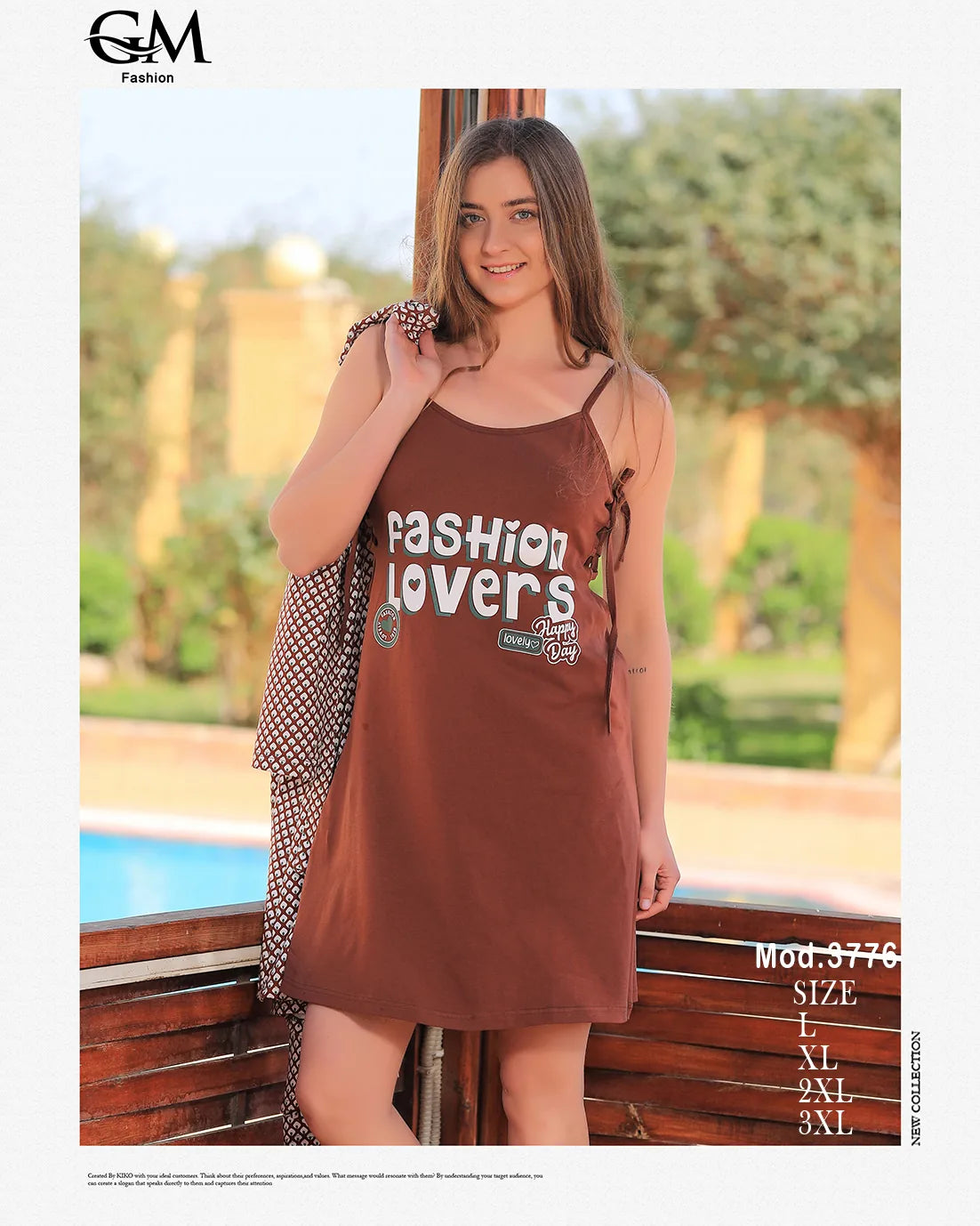 Woman wearing a brown dress with 'Fashion Lovers' text, standing outdoors.