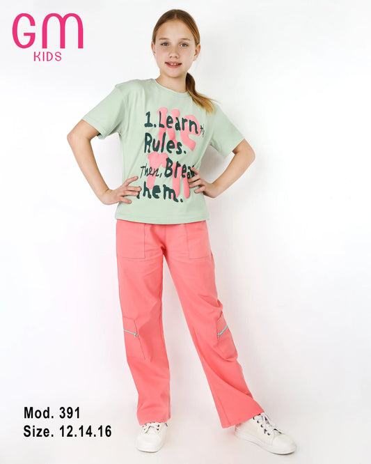 طقم بناتي صيفي تيشيرت وبنطلون قطن – موديل 391 | GM Kids