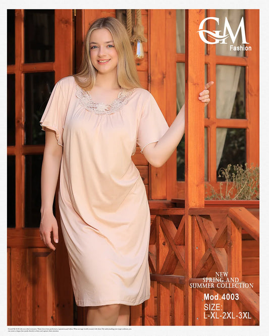 فستان نوم نسائي مصنوع من القطن والدانتيل – موديل 4003 صيفي من GM Fashion