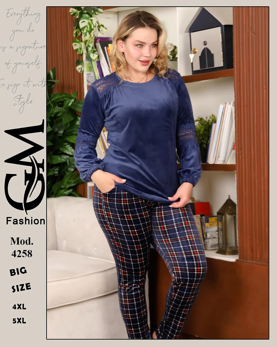 طقم شتوي بيتي مخملي للمقاسات الكبيرة 4XL و5XL – موديل 4258 | GM Fashion