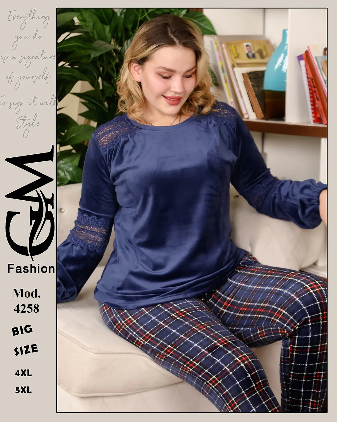 طقم شتوي بيتي مخملي للمقاسات الكبيرة 4XL و5XL – موديل 4258 | GM Fashion