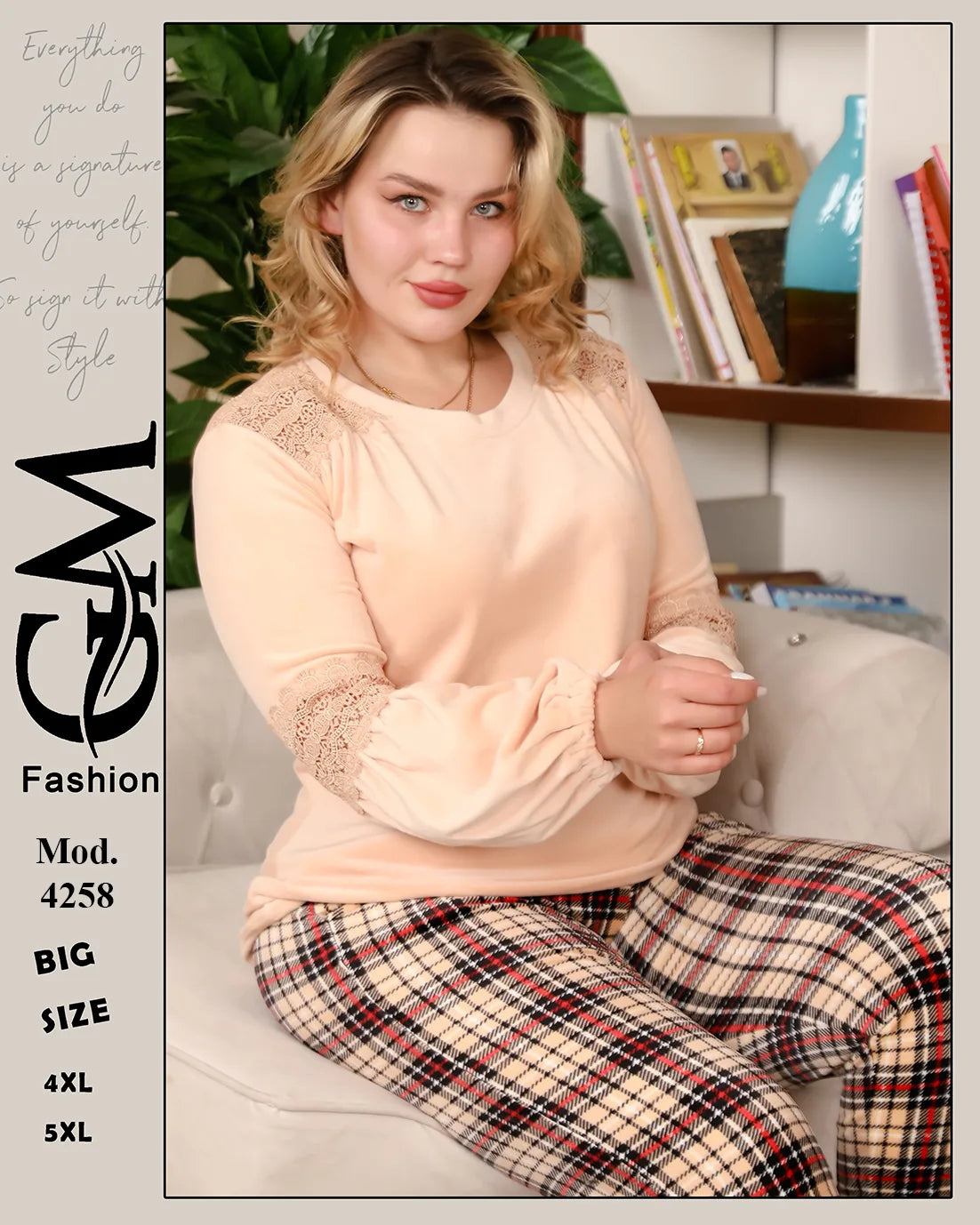 طقم شتوي بيتي مخملي للمقاسات الكبيرة 4XL و5XL – موديل 4258 | GM Fashion