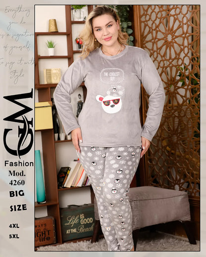 طقم بيجامة شتوية قطيفة برسمة دب | موديل 4260 | GM Fashion مقاسات كبيرة 4XL - 5XL