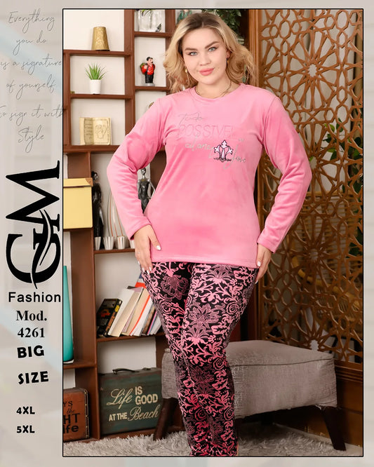طقم شتوي قطيفة ناعم حريمي بيج سايز 4XL - 5XL | GM Fashion – موديل 4261