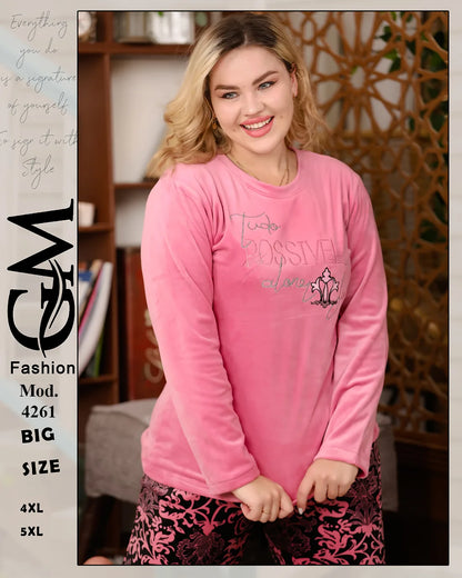 طقم شتوي قطيفة ناعم حريمي بيج سايز 4XL - 5XL | GM Fashion – موديل 4261