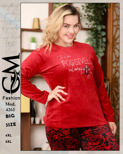 طقم شتوي قطيفة ناعم حريمي بيج سايز 4XL - 5XL | GM Fashion – موديل 4261