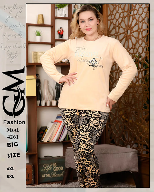 طقم شتوي قطيفة ناعم حريمي بيج سايز 4XL - 5XL | GM Fashion – موديل 4261