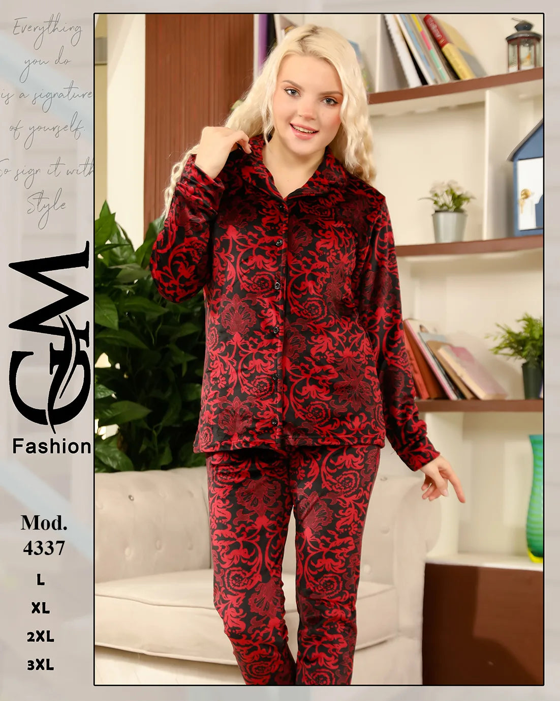 طقم بيجامة شتوي حريمي مطبوع (قميص أزرار + بنطلون) | موديل 4337 | GM Fashion