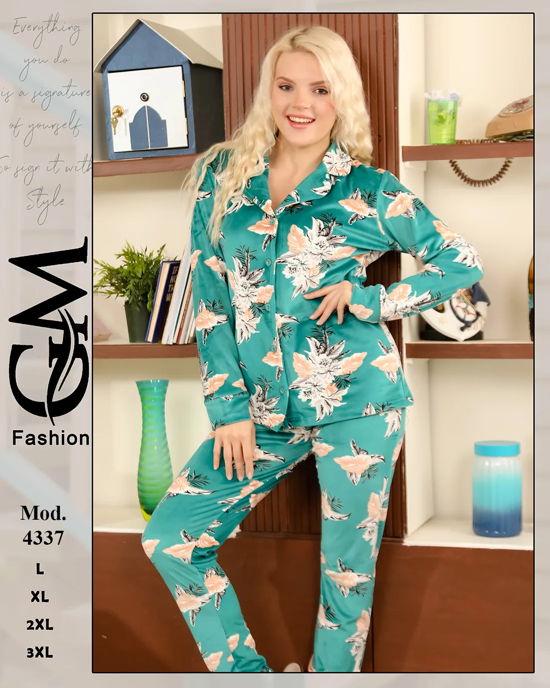 طقم بيجامة شتوي حريمي مطبوع (قميص أزرار + بنطلون) | موديل 4337 | GM Fashion