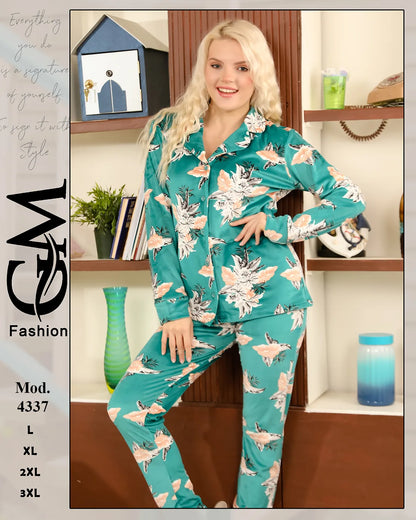 طقم بيجامة شتوي حريمي مطبوع (قميص أزرار + بنطلون) | موديل 4337 | GM Fashion