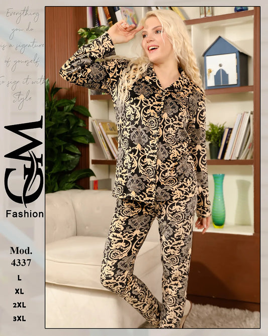 طقم بيجامة شتوي حريمي مطبوع (قميص أزرار + بنطلون) | موديل 4337 | GM Fashion