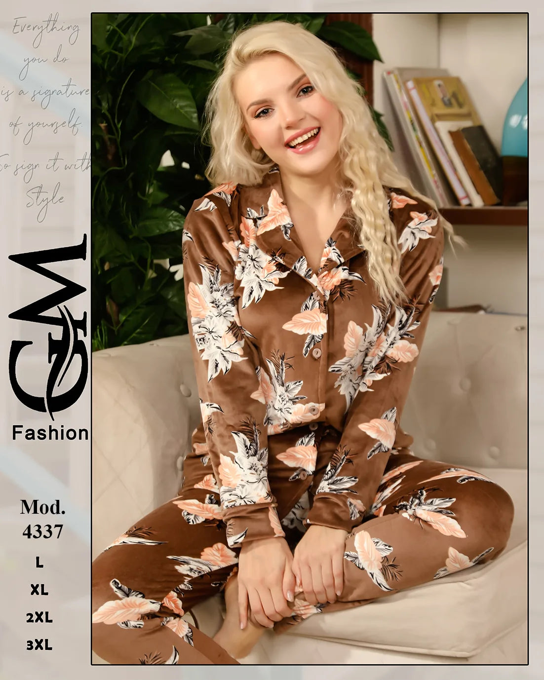 طقم بيجامة شتوي حريمي مطبوع (قميص أزرار + بنطلون) | موديل 4337 | GM Fashion