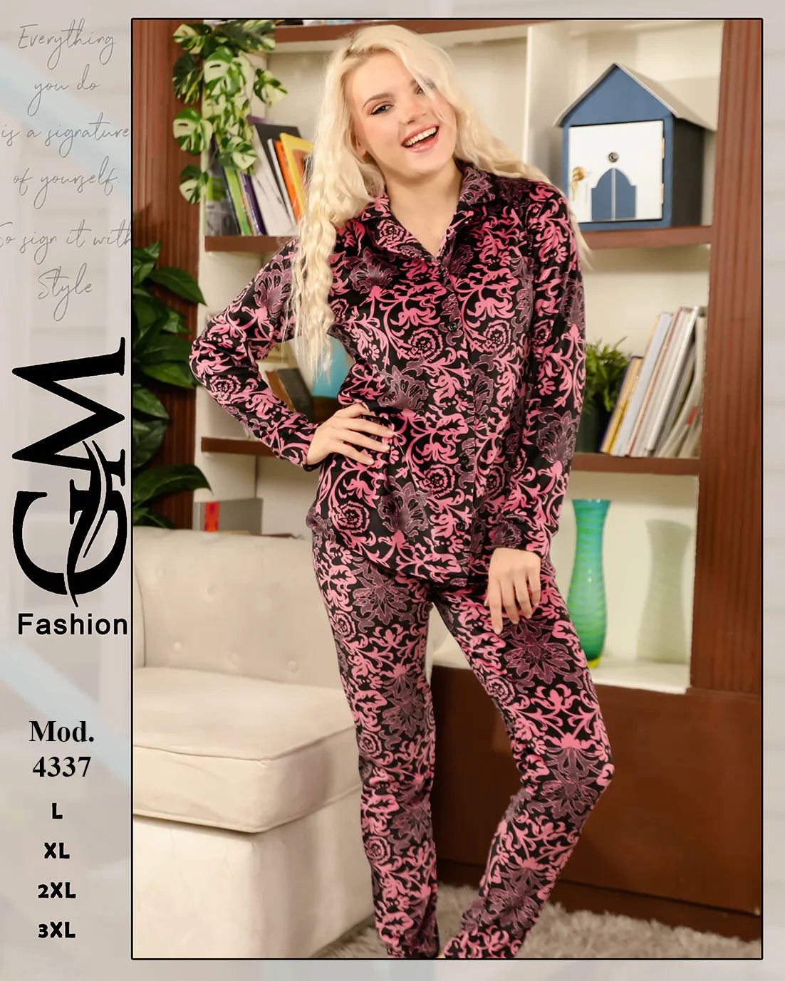 طقم بيجامة شتوي حريمي مطبوع (قميص أزرار + بنطلون) | موديل 4337 | GM Fashion