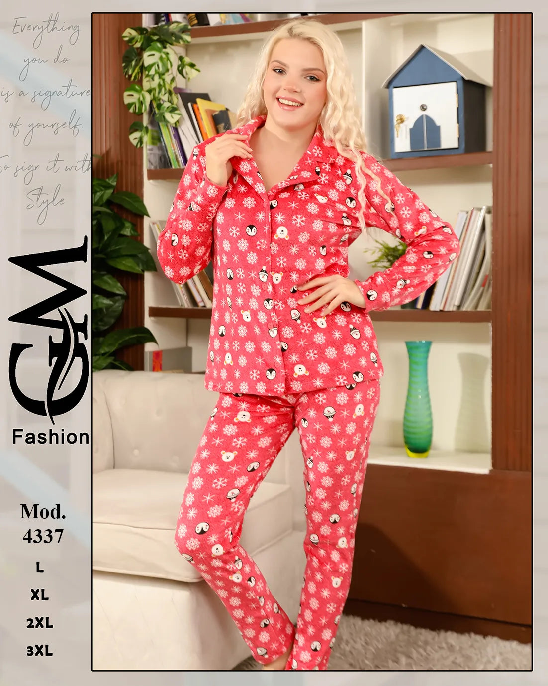 طقم بيجامة شتوي حريمي مطبوع (قميص أزرار + بنطلون) | موديل 4337 | GM Fashion