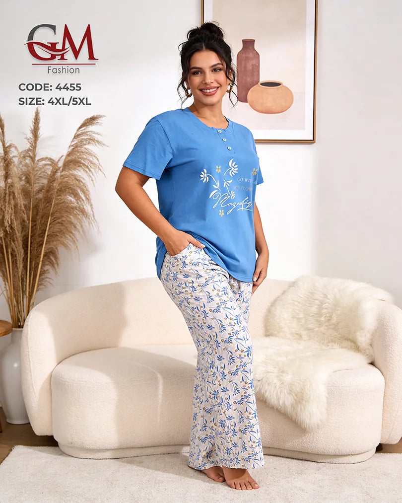 بيجامة حريمي مقاسات كبيرة قطن تيشيرت وبنطلون مطبوع – GM Fashion موديل 4455