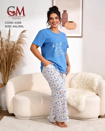 بيجامة حريمي مقاسات كبيرة قطن تيشيرت وبنطلون مطبوع – GM Fashion موديل 4455